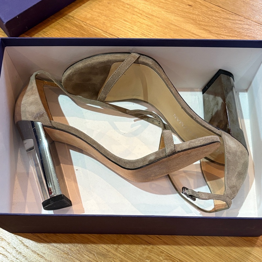 Stuart Weitzman Gray Suede and Silver Block Heels